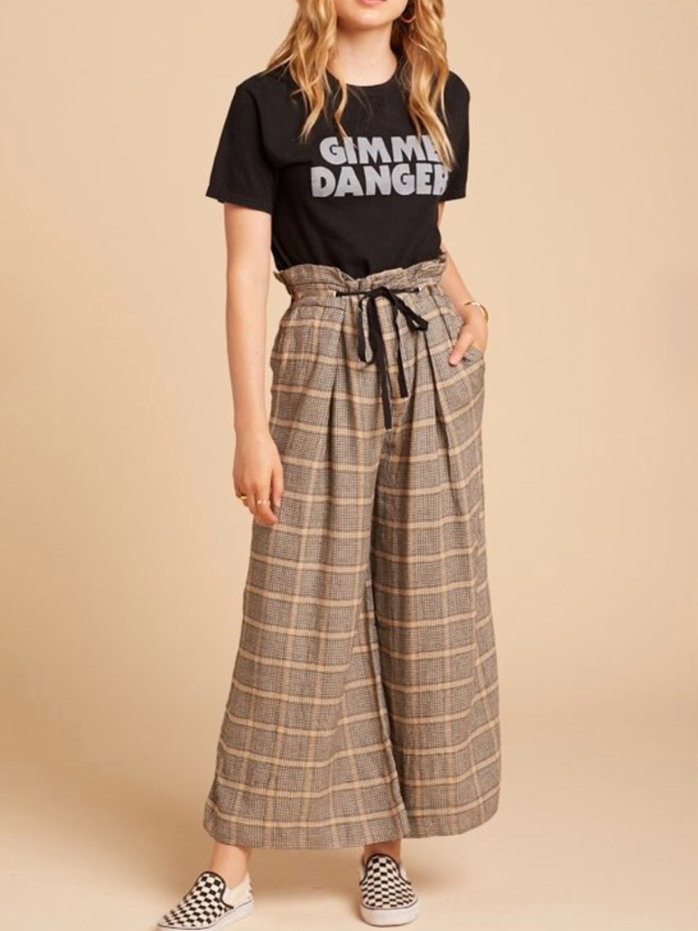 Free People Charlie Plaid Wide Leg Cropped Pants Paperbag Waist Sz S EUC - Picture 2 of 10